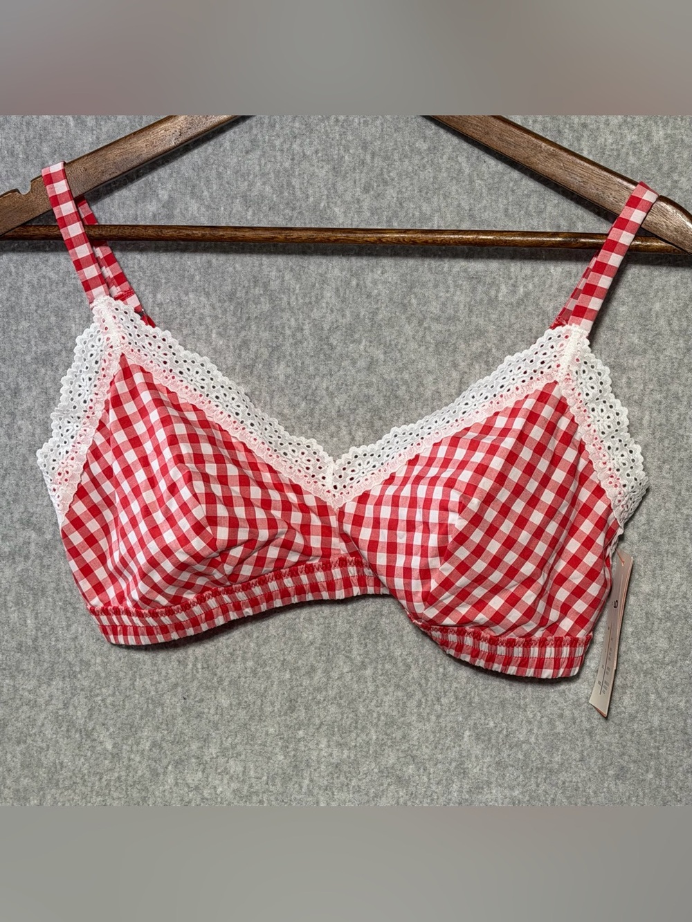 NWT Colsie Red Gingham Bralette Eyelet Lace Trim Women’s L
